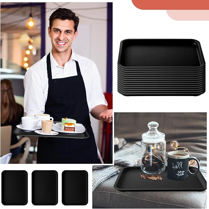 Gerrii 18 Pcs Plastic Fast Food Trays Bulk 9 x 12 Inch Restaurant Serving Cafeteria Grill School Lunch Trays Rectangular Serving Platter for Kitchen Hotel Restaurant(Black,12 x 9 Inch)