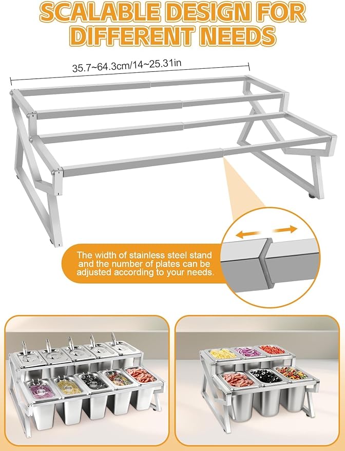 Lanstics 10 Pans Pizza Topping Station 2 Row Adjustable Pizza Storage Container Topping containers with Lids Condiment Organizers Buffet Containers Set for Restaurant Pizza Sauce Jam Fruit Ingredient