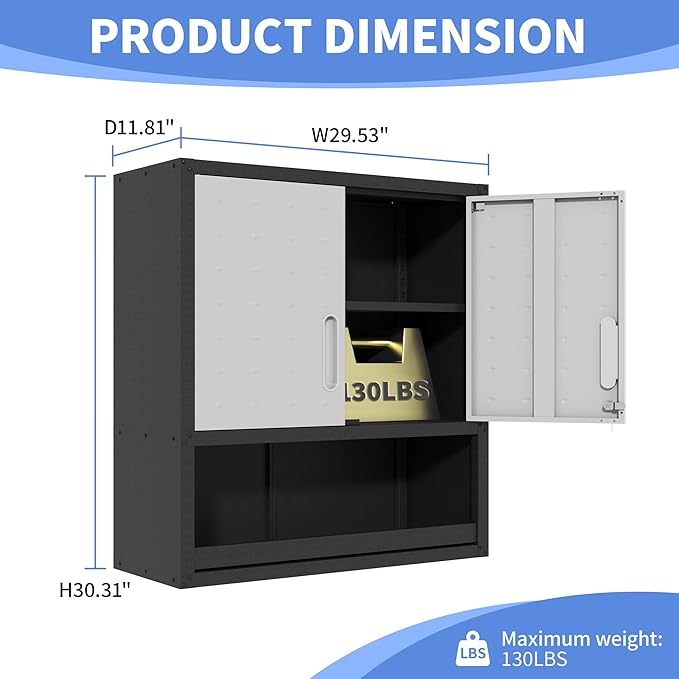 BIZOEIRON Metal Wall Cabinets with Doors and Shelves Black and Gray Garage Cabinets Wall Mounted Adjustable Storage Shelving Floating Garage Tool Cabinet,Wall Cabinet for Warehouse/Basement/Kitchen