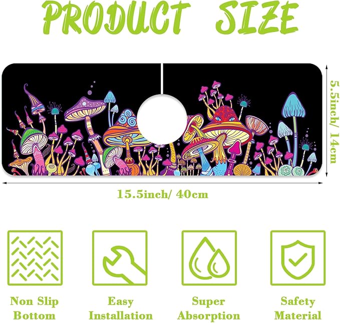 Sink Faucet Absorbing Mat Magic Mushrooms Sink Splash Guard Drying Mat for Kitchen Bathroom Faucet Sinkmat 15.5"X5.5"