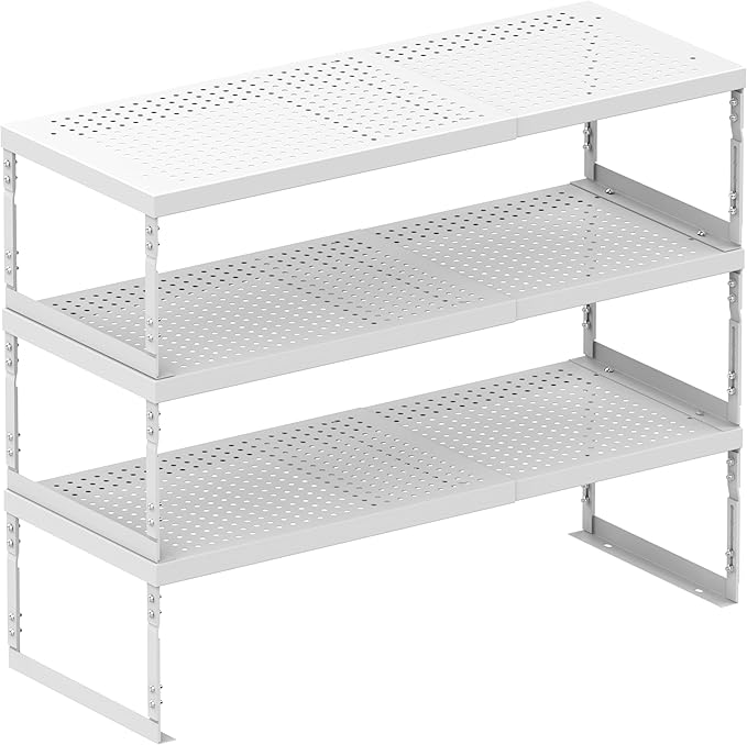 Asiingkel Stackable Expandable Metal Shelf Organizer - Adjustable Wire Storage Rack with Holes for Kitchen, Bathroom, Cabinet, Office - Space Saving, Durable & Sturdy Design（3PACKS/Medium/White