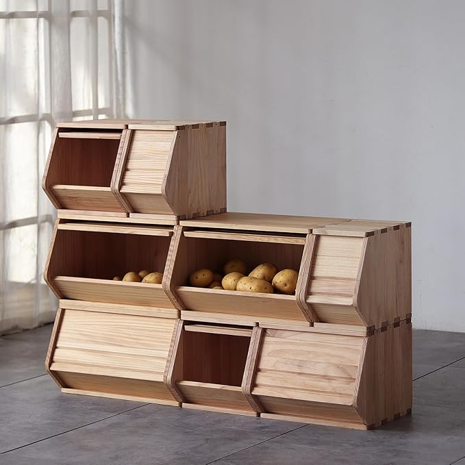 Stackable Solid Wood Storage Chests,Bins with Lids,Modular Wooden Multi-use Box,Closet Storage Organizers,Hall Entryway Cabinet,Drawers,Potato,Onion,Bread,Classify by Items,15.5”W(1 Pack)