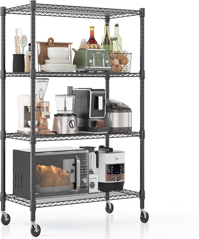 Homdox Heavy Duty Metal Shelves for Storage, 4 Tier Storage Racks and Shelving, Commercial Adjustable Wire Shelving Unit on Wheels, Garage Rack Pantry Shelves Kitchen Shelving, 18"x36"x72", Black