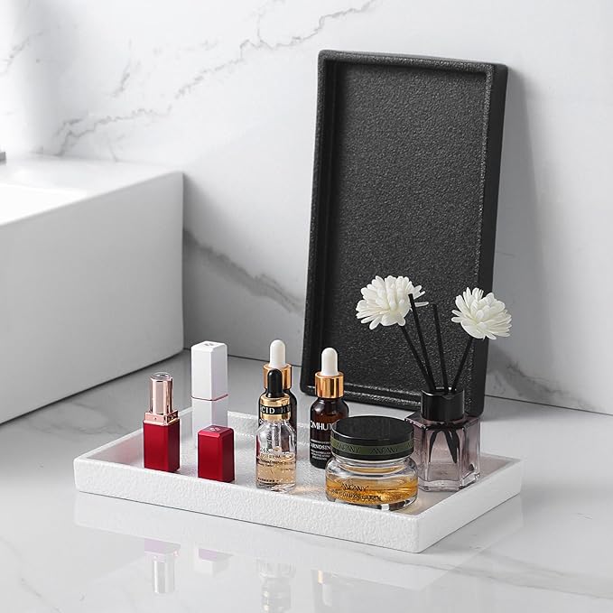 Eyrozia Bathroom Vanity Tray - 11'' Ceramic Rough-Textured Rectangle Countertop Tray, Heavy-Duty Perfume Organizer Plate, Jewelry Ring Tray, Kitchen Soap Dispenser Stone Trays, White