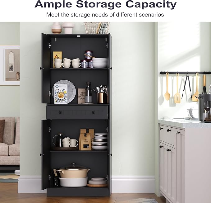 Furnify Kitchen Pantry Storage Cabinet, 71" H Farmhouse Pantry Cabinet with 4 Doors & Drawer, Freestanding Cupboard with Adjustable Shelves, Rustic Wood Cupboard for Kitchen, Dining Room, Black