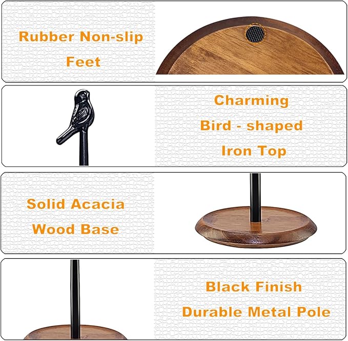 Paper Towel Holder for Countertop, Bird Shaped Farmhouse Kitchen Paper Roll Stand with Solid Wood Base & Iron Rod, Vintage Black Finish & Non-Slip Pad, Stable Holder for Kitchen Decor& Dining Table