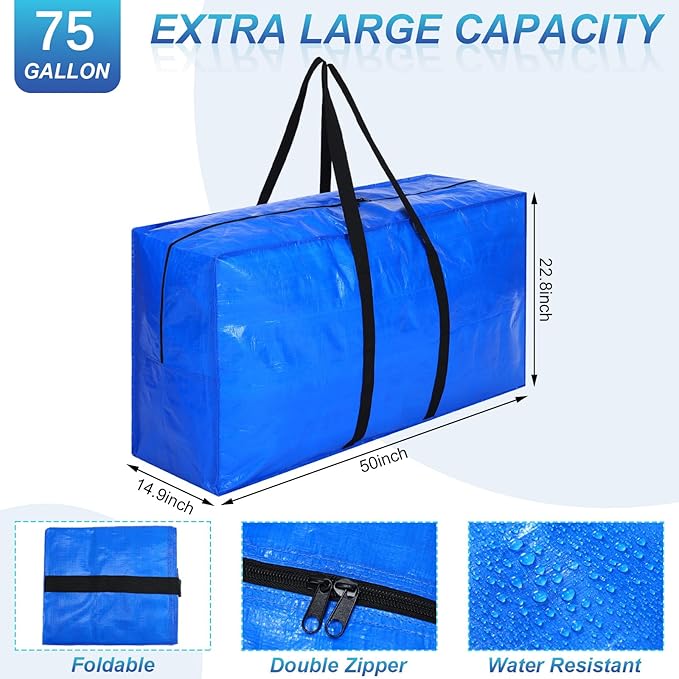 Windyun 4 Pack 75 Gallon Extra Large Moving Bags XXL Heavy Duty Storage Bag with Strong Zipper Handle Jumbo Big Tote Box Foldable for College Dorm Travel Clothes Duffle Blanket Pillow(Blue)