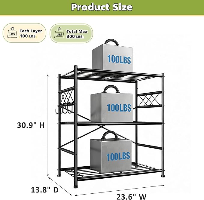 3Tier Storage Shelves Metal Shelving Unit Organizer,Adjustable Wire Shelving Rack Pantry Kitchen with Hooks,Shelves for Laundry,Office and Bathroom closet shelves 23.6" W x 13.8" D x 30.9" H