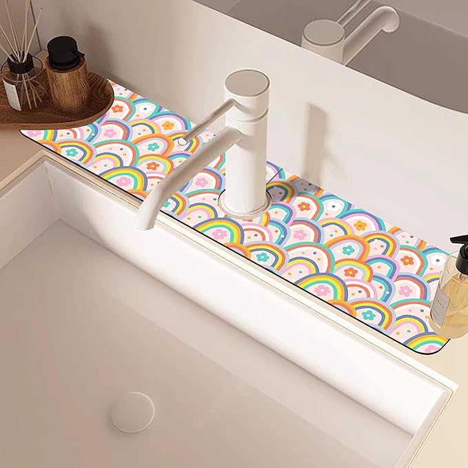 Boho Rainbow Hippie Floral Kitchen Sink Splash Guard Mat Absorbent Fast Drying Mat Faucet Draining Mat Sink Splash Guard Behind Faucet Drip Catcher for Kitchen Bathroom 5.5"×24"