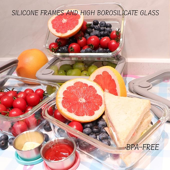 Glass Food Storage Containers with Silicone Glass Lids, Stainless Steel Salad Dressing Containers, Microwave-safe LeakProof Food Containers Set, 4-pack 35 oz（Grey）