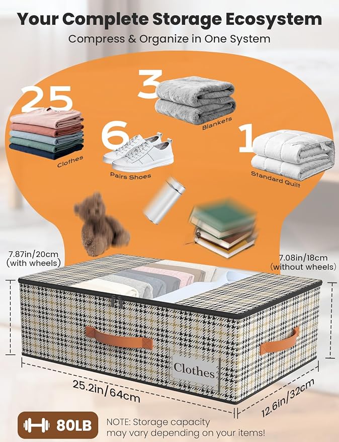TOSKING Under Bed Storage with Wheels (2 Pack) with 4 Vacuum Bags, 7.9" Height Rolling Underbed Storage Containers, 900D Oxford Heavy Duty Drawer, 80lbs Load Organizer for Clothes, Shoes, Houndstooth