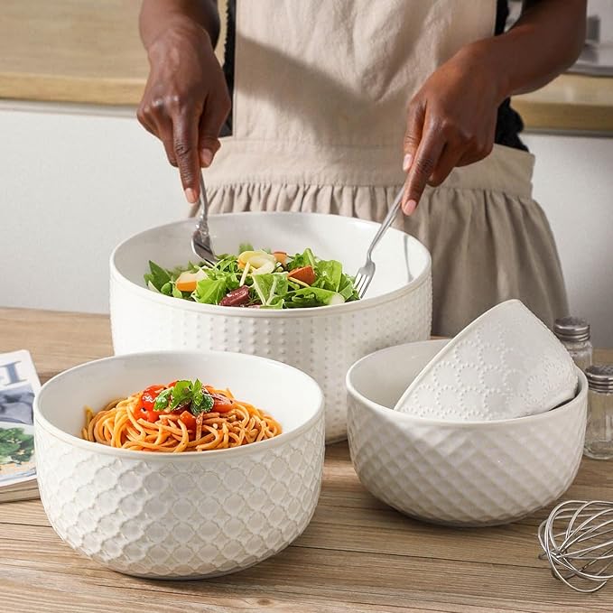 Familywood Ceramic Mixing Bowls, 27/53/84/162 oz, set of 4, Embossed large Mixing Bowl set, Serving bowls, Kitchen Dishware, Prep, Gift, Microwave and Dishwasher Safe, Modern Farmhouse Decor