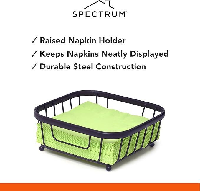 Spectrum Ashley Flat Napkin Holder Basket for Kitchen Counter & Dining Table Decor, Modern Heavy Duty Easy Access Napkin Dispenser for Cocktail Napkins, Black