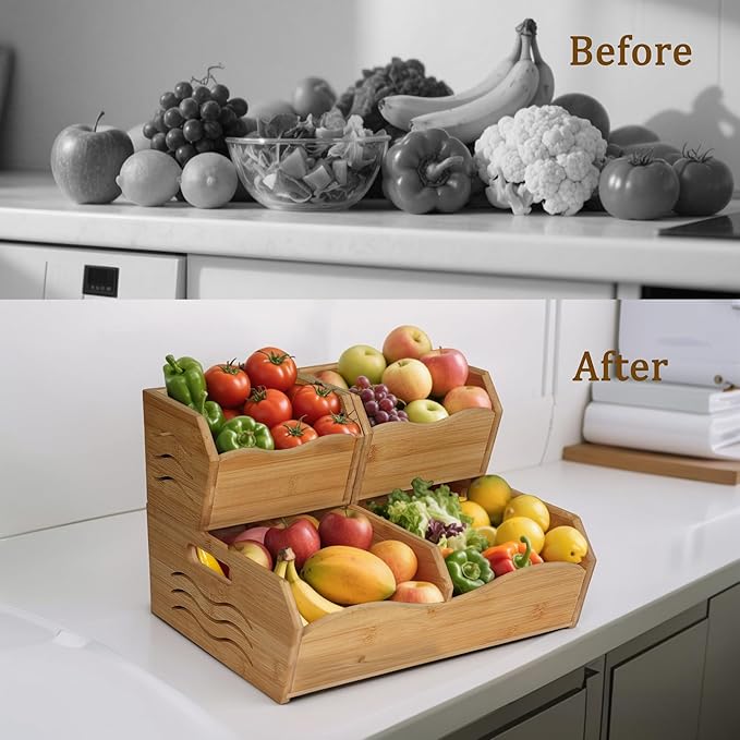 3 Pieces Bamboo Pantry Storage Bins, Stackable Pantry Baskets with Handle, Kitchen Potato and Onion Storage Bin, 2 Tiers Pantry Organizer for Produce, Fruits, Vegetable