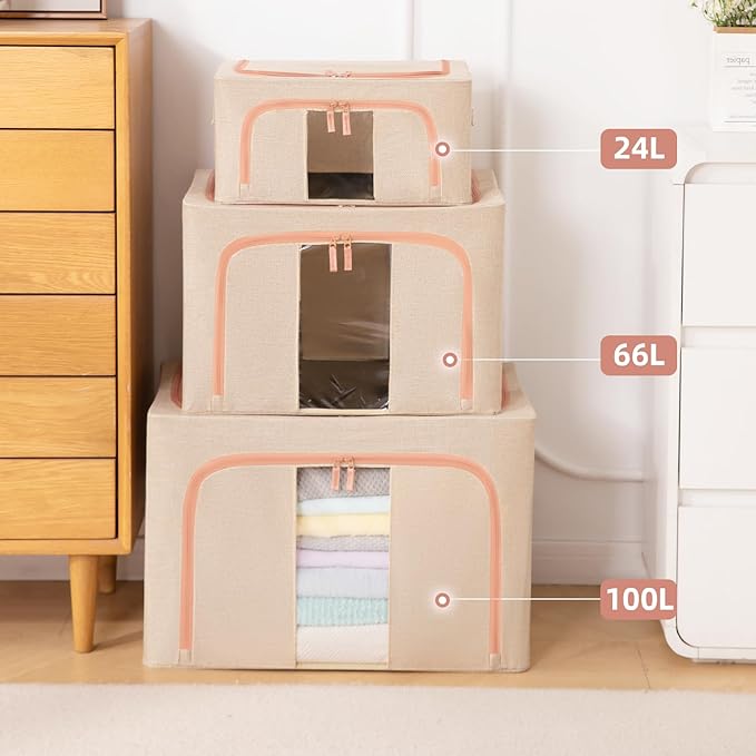 GuliPostan 100L Stackable Clothes Storage Bins with Metal Frame Handles & Zipper, Collapsible Closet Organizer Box with Lid for Bedding Blankets Towel (Beige,1 pack)
