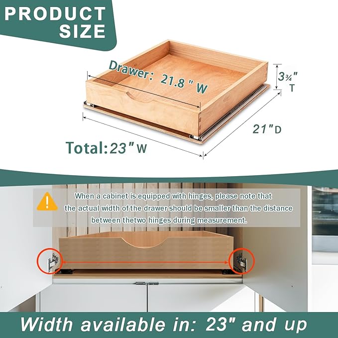 SITOO Pull Out Drawers for Kitchen Cabinets, Fully Assembled Wood Cabinet Pull Out Drawer, Pull Out Cabinet Organizer, Fast and Easy DIY Installation, 23”W x 21”D