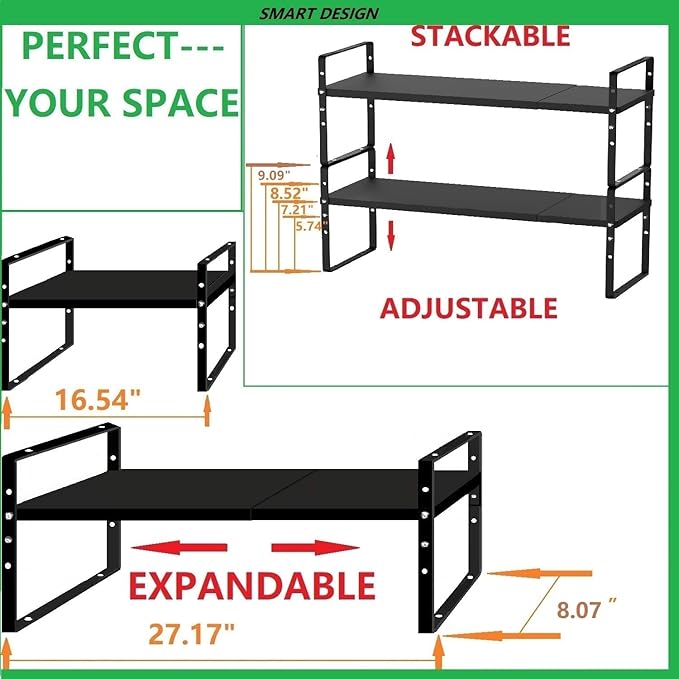 Jojocross Expandable Stackable Spice Rack Cabinet Shelf Organizer in Cabinets Shelves Kitchen Cupboard Organization Stack up Racks Pantry Countertop Storage Medium/Black 1 Pack