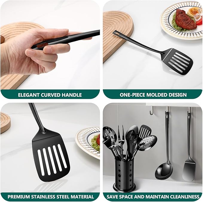 Lazycorner Kitchen Utensils Set, 11pcs Stainless Steel Cooking Utensils Set with Holder, Metal Kitchen Set for Cooking with Turners, Potato Masher, Spatula, Spoons, Pasta, Tongs