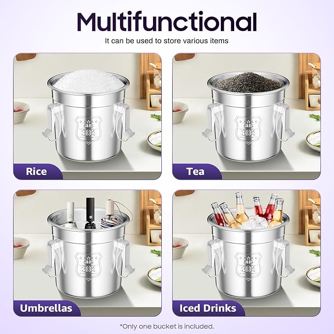 Stainless Steel Airtight Canister for Kitchen, 6L/1.59Gal Metal Food Storage Container Flour Bucket with Lid & Clamps, Bean Rice Cereal Canister Holder for Kitchen Restaurant, D7.9*H7.9in