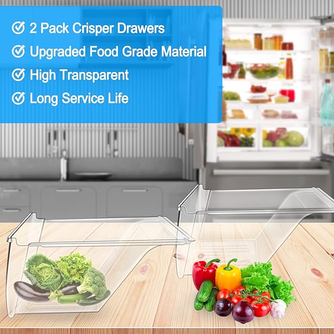 [2 PACK] Upgraded 240337103 Refrigerator Crisper Drawers Bins Compatible with Frigidaire Kenmore, Frigidaire Drawer Replacement for 240337100 AP2115741 240323007, Food-grade Materials
