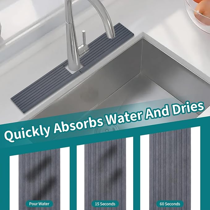 Kitchen Sink Faucet Mat, 24'' Long Diatomite Quick Drying Stone Sink Tray, Prevents Moisture Buildup, Suitable for Bathroom Kitchen Counter Top Faucet Around Splash Guard[Drak Grey, 23.6" x 3.9"]