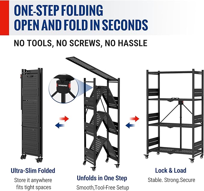 WORKPRO 4-Tier Folding Shelf, No-Assembly Metal Storage Rack with Wheels, 600 lbs Capacity (with Leveling Feet), Collapsible Shelving Unit for Kitchen, Pantry, Bathroom & Closet Organization