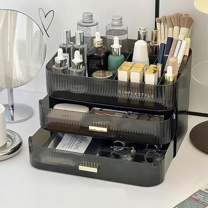 Decorcode Makeup Organizer for Vanity, Large Desk Organizer with Stackable Drawer for Cosmetics, Skincare, Lipsticks, Palette, Nail Care, Ideal Storage for Dresser and Bathroom Countertop- Black