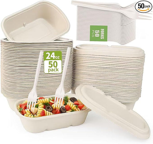SharpRealm 24oz Disposable Meal Prep Food Containers with Lids and Forks, 50 Pack Sugarcane Fiber Pulp Paper Take-Out Boxes, Microwave and Freezer Safe for Lunch, Salads, Home or Restaurant Use