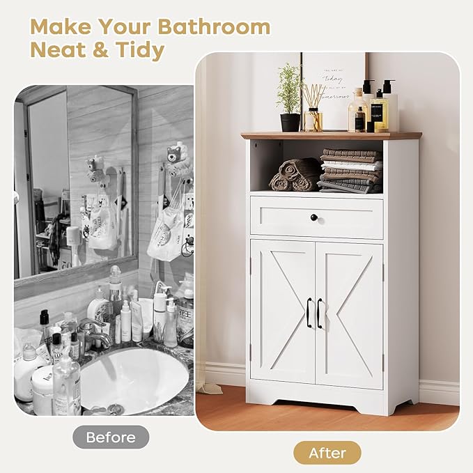 Viroformo Floor Cabinet, Farmhouse Storage Cabinet with Barn Doors and Drawer, 11.81" D x 23.62" W x 39.37" H White Freestanding Adjustable Shelf Organizer for Bathroom, Kitchen, Living Room
