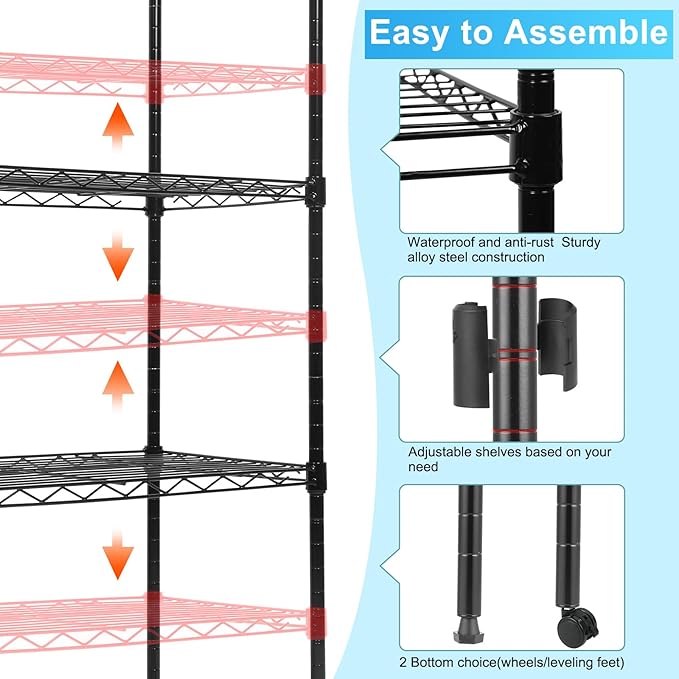 Whitmor 5 Tier Shelving Unit, Adjustable Storage Shelves with Wheels, Wire Shelving, 400 lbs Capacity per Shelf, Max 2000 lbs Total for Laundry, Garage, Plant, 21" L x 12" W x 54" H, Black