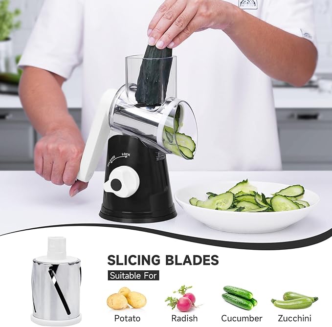 REDPANT Rotary Cheese Grater with Handle, Kitchen Mandoline Vegetable Slicer with 3 Interchangeable Blades & Strong Suction Base, Easy to Clean Grater for Vegetables, Fruit, Nuts, Black