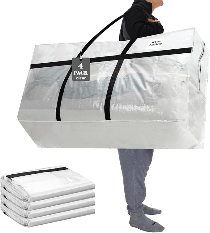 Windyun 4 Pack 57 Gallon Extra Large Moving Bags XXL Heavy Duty Storage Bag with Strong Zipper Handle Jumbo Big Tote Box Foldable for College Dorm Travel Clothes Duffle Blanket Pillow(Transparent)