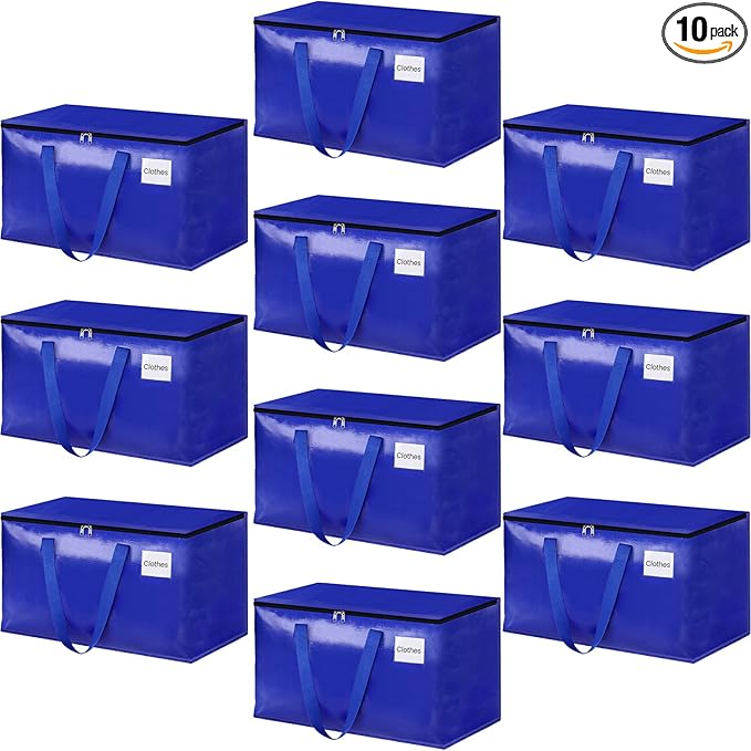 HomeHacks Moving Bags Heavy Duty with Strong Zippers and Handles Collapsible Moving Supplies, Storage Totes for Packing & Moving Storing 93L,10-Pack, Blue