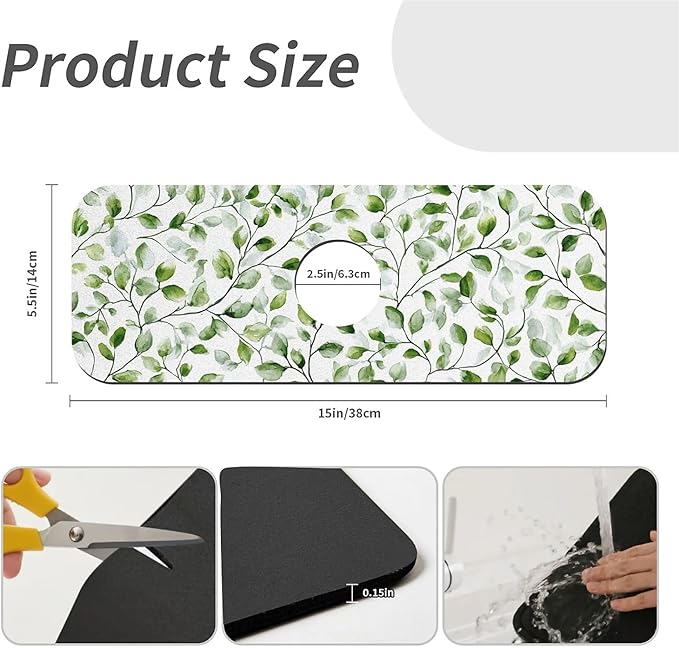 Kitchen Sink Splash Guard，watercolor greenery Faucet Mat Sink Gadgets-Super Absorbent Fast Drying Mat Drip Catcher for Kitchen, Bathroom,Sink Mat, Dish Drying Mat, Bathroom(15" X 5.5" )