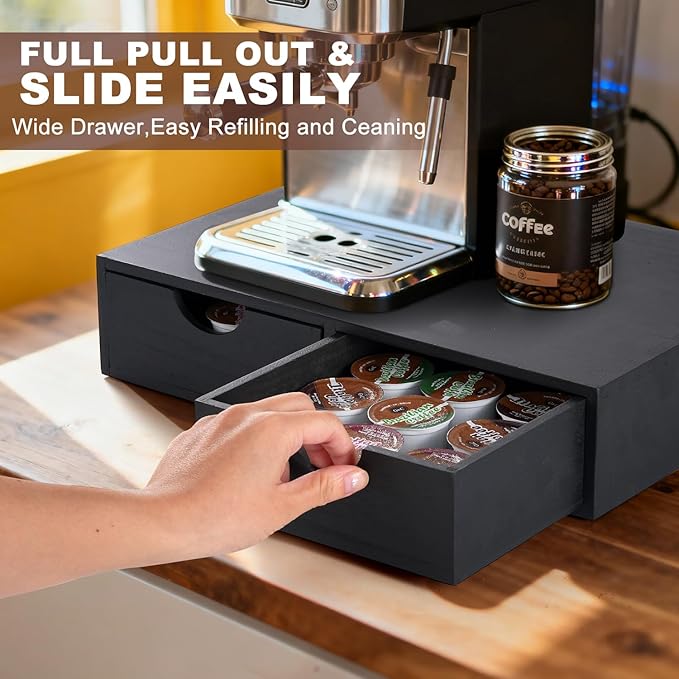 QYJinlida Wooden K Cup Organizer Coffee Pod Storage Box, Coffee Pod and Tea Bag Holder,Kcup Drawer Coffee Maker Stand,Home Kitchen Counter Holds Up to 30 Pods Capacity (2 Drawer) (Elegant Black)