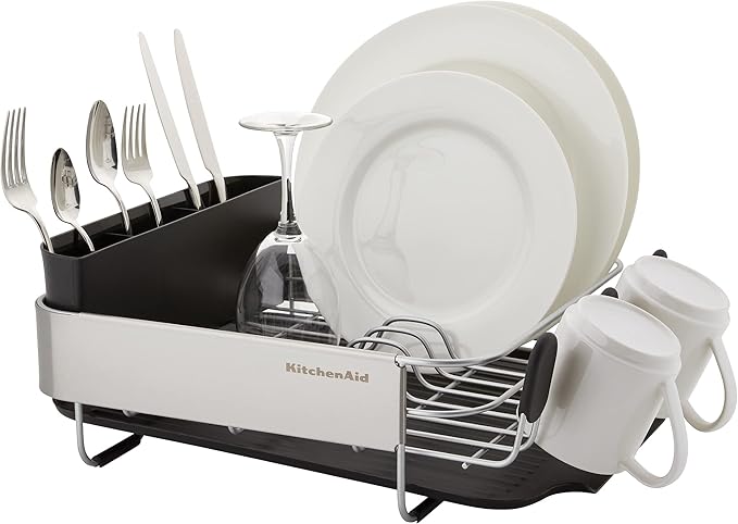 KitchenAid Compact, Space Saving Rust Resistant Dish Rack with Removable Flatware Caddy and Angled Self Draining Drainboard, 16.06-Inch, Black