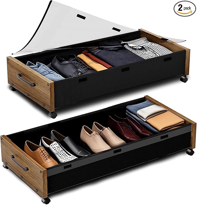Under Bed Storage Containers with Wheels, Extra Large Wooden Underbed Shoes Organizer 2 Packs, Rolling Under the Bed Storage Drawers with Clear Lid, Heavy Duty Metal Frame for Clothes 36"L (Walnut)