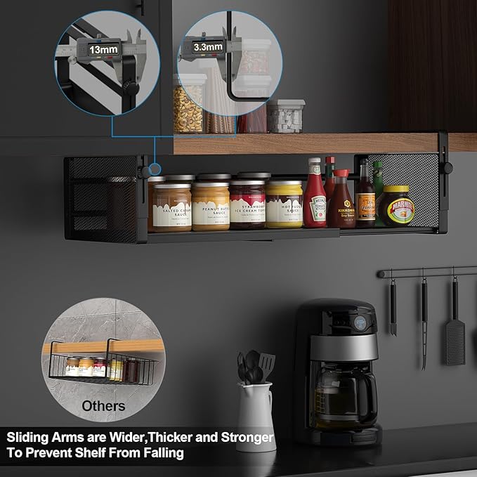 2Pack Under Shelf Basket, Adjustable Hanging Under Cabinet Shelf Storage, Hanging Holder Length Stretchable 14.9-22.6Inch for Kitchen Pantry Desk Counter Bookshelf Cupboard (Black)