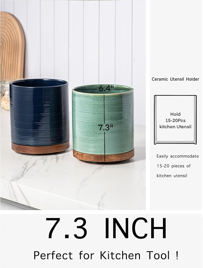 MIKIGEY Utensil Holder, 360° Rotating Extra Large Ceramic Kitchen Utensil Holder for Countertop, 7.3“ Cooking Utensil Crocks for Kitchen Counter with Rotatable Wooden Base, Farmhouse Decor, Dark Blue
