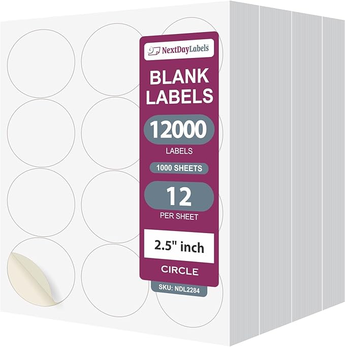NextDayLabels 2.5 Inch Round Circle Stickers White Blank Labels for Laser Inkjet Printer - 12 Per Sheet Self-Adhesive Product Packaging Logo Made in USA - 12,000 Labels