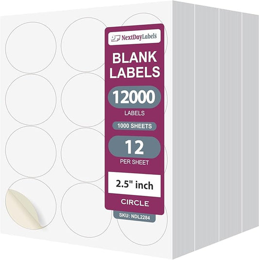 NextDayLabels 2.5 Inch Round Circle Stickers White Blank Labels for Laser Inkjet Printer - 12 Per Sheet Self-Adhesive Product Packaging Logo Made in USA - 12,000 Labels