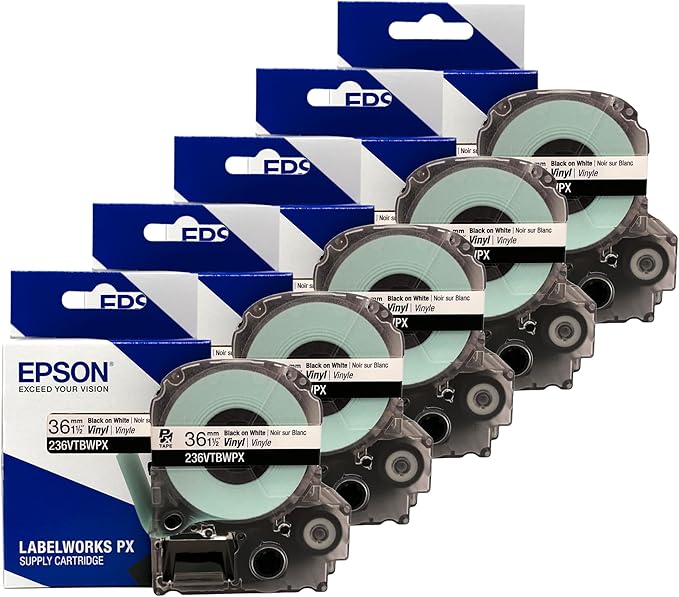 Epson LABELWORKS 236VTBWPX-5PK Genuine Tape Cartridge - Black on White Flexible and Durable Vinyl Industrial Label Maker Tape - 1.5" (36MM) Wide, 22.9 ft - 5 Pack