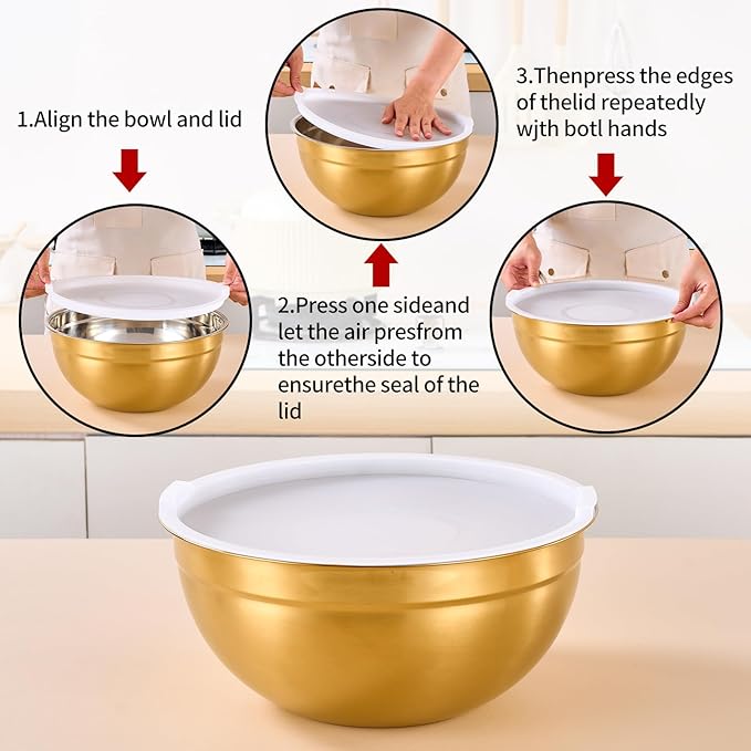 LKTDYMEG Gold Mixing Bowls with Lids Set of 7, Stainless Steel Nesting Bowl with Khaki Lid for Non-slip Mixing Prepping Storing Serving, 7 Sizes-7/3.6/2.7/2.1/1.5/1/0.8 QT