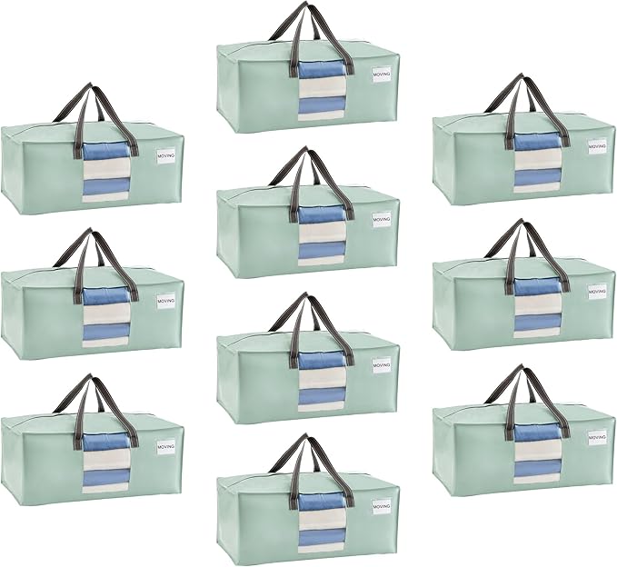 VENO 10 Pack Heavy Duty Moving Bags, Christmas Storage Bins with Lids, Transparent Window Design, Alternative to Moving Boxes, Storage Bags for Clothes, Blankets, Comforters(Shiny Light Green,10 Pack)