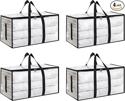 4 Pack-Extra Large Heavy Duty Moving Bags - Waterproof Storage Totes with Handles & Zippers, Foldable for College Dorm, Storage (Clear)