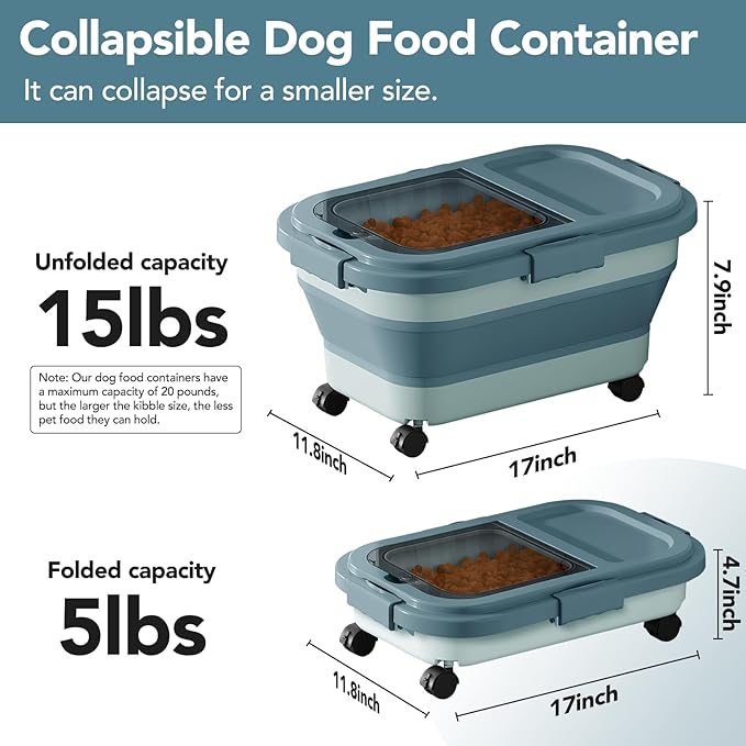 15 Lbs Dog/Cat Food Storage Container,Collapsible Food Storage Containers with Rolling Wheel Airtight Locking Lid,Pet Food Storage Container with Cup and Scoop,Blue