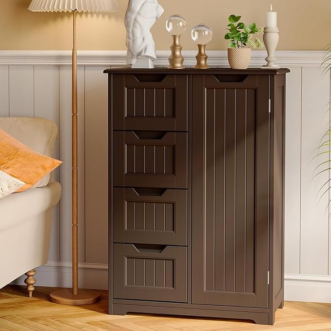 Gizoon Small Pantry Storage Cabinet with Door and Shelves, 33'' Pantry Cabinet Freestanding Wooden Bathroom Storage Cabinet with 4 Drawers for Kitchen and Dining Room, Dark Brown