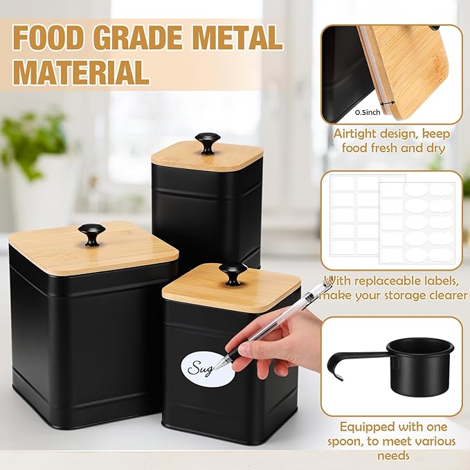 Tioncy Kitchen Canisters for Countertop Set of 3 Metal Canisters Sets with Bamboo Lids Spoon Airtight High Capacity Coffee Tea Sugar Flour Jars with DIY Labels Farmhouse Food Storage(Black,XL,L,M)