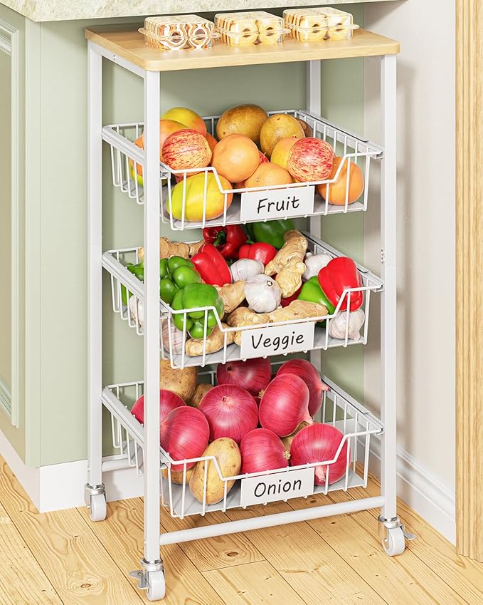 Giwil Vegetable Fruit Basket for Kitchen Pantry Organizers Storage, 4-Tier Utility Rolling Cart on Wheels with Wood Top and Drawer Wire Baskets for Onions Potatoes Snacks, White