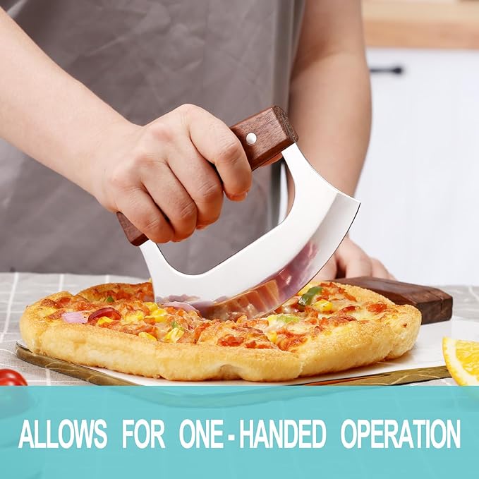 Coowolf Ulu Knife - Sharp Rocker Mezzaluna Knife with Stand for Cutter Pizza, Meat, Vegetables, Herb, Salad, Stainless Steel Blade, Walnut Wood Handle, Kitchen Essentials Accessories and Gadgets Tools